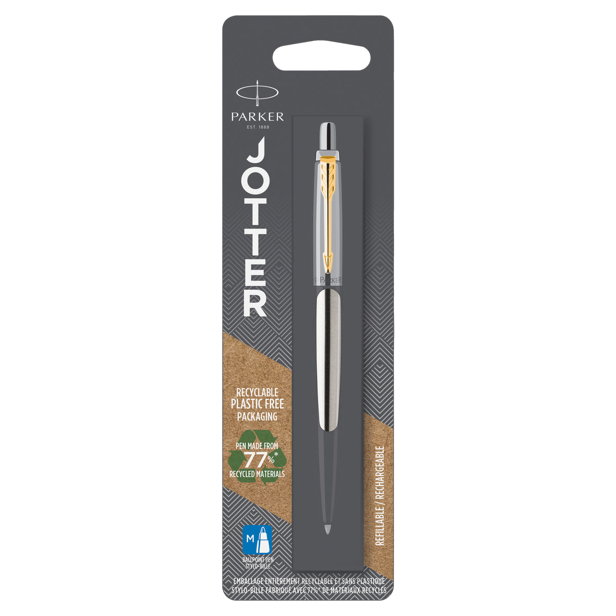 Parker Jotter Ballpoint Pen Stainless Steel Gold Trim Medium Tip