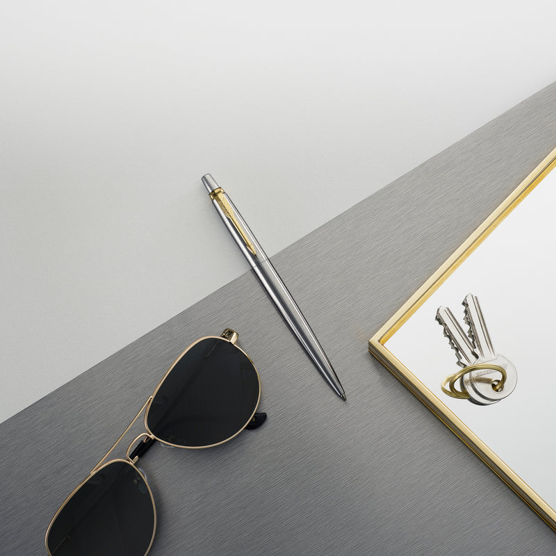 Parker Jotter Ballpoint Pen Stainless Steel Gold Trim Medium Tip