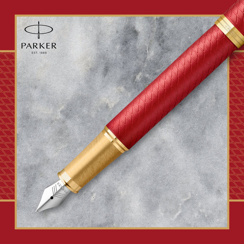 Parker IM Premium Fountain Pen Red Lacquer and Gold Trim Fine Nib