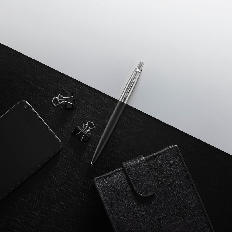 Parker Jotter Ballpoint Pen Bond Street Black Chrome Trim Medium Tip