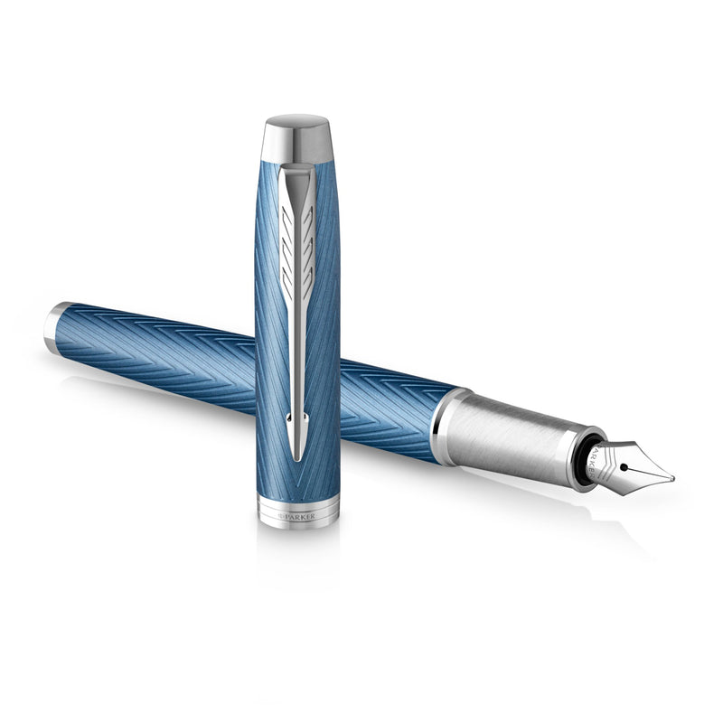 Parker IM Premium Fountain Pen Blue Grey Lacquer and Chrome Trim Fine Nib
