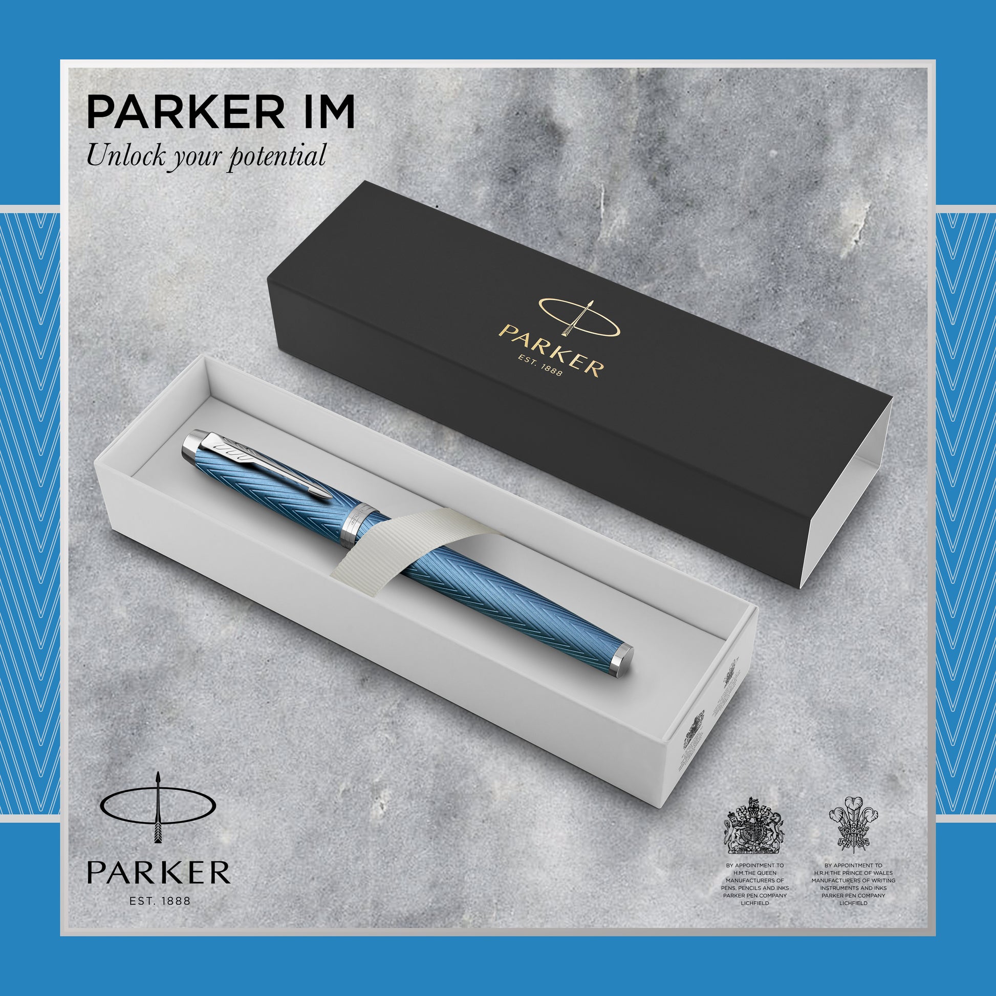 Parker IM Premium Fountain Pen Blue Grey Lacquer and Chrome Trim Fine Nib