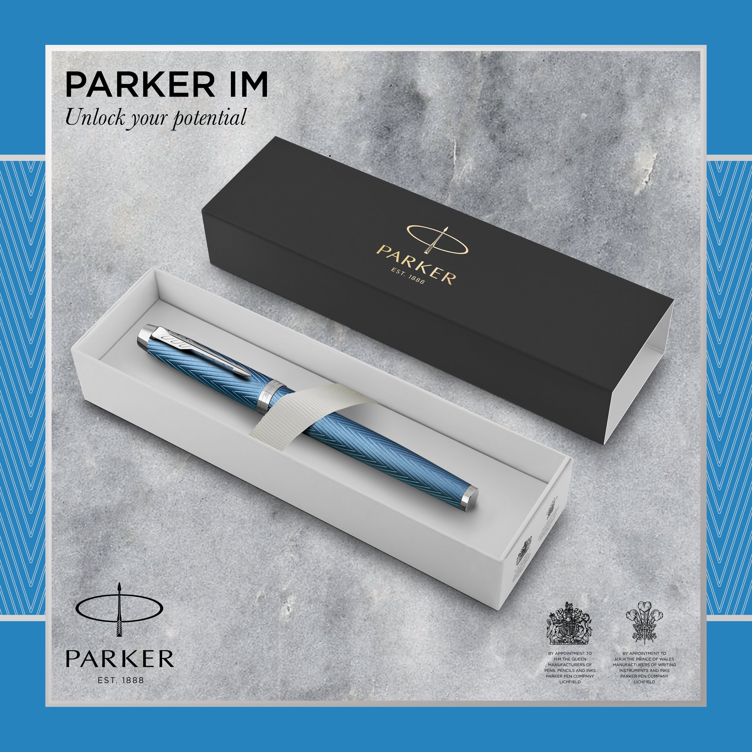 Parker IM Premium Fountain Pen Blue Grey Lacquer and Chrome Trim Fine Nib