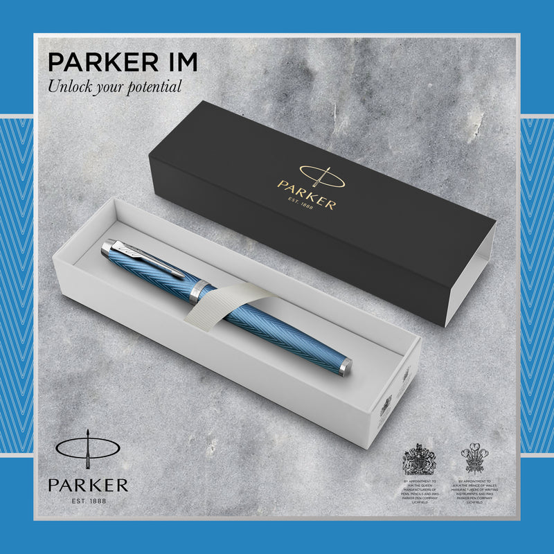 Parker IM Premium Fountain Pen Blue Grey Lacquer and Chrome Trim Fine Nib