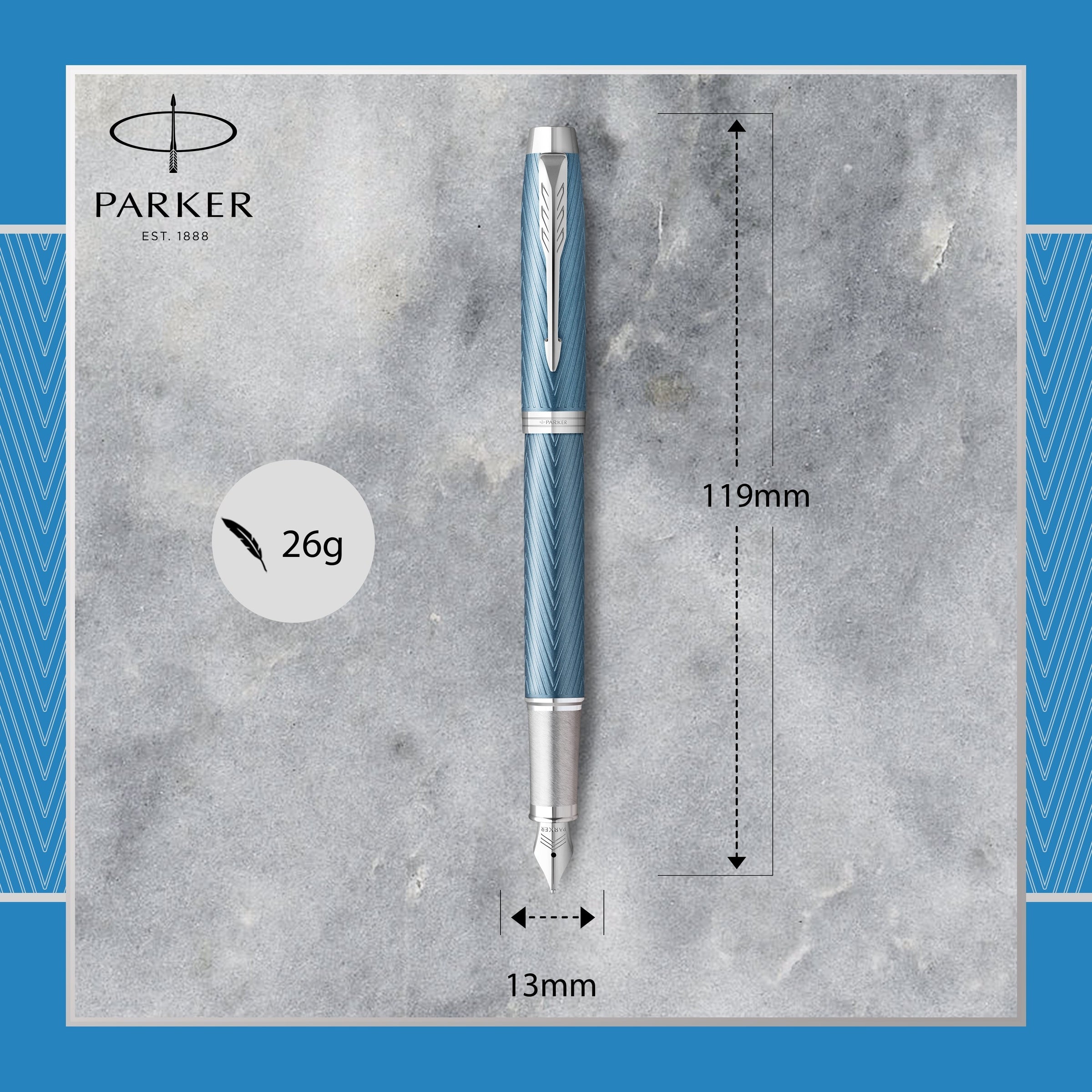 Parker IM Premium Fountain Pen Blue Grey Lacquer and Chrome Trim Fine Nib
