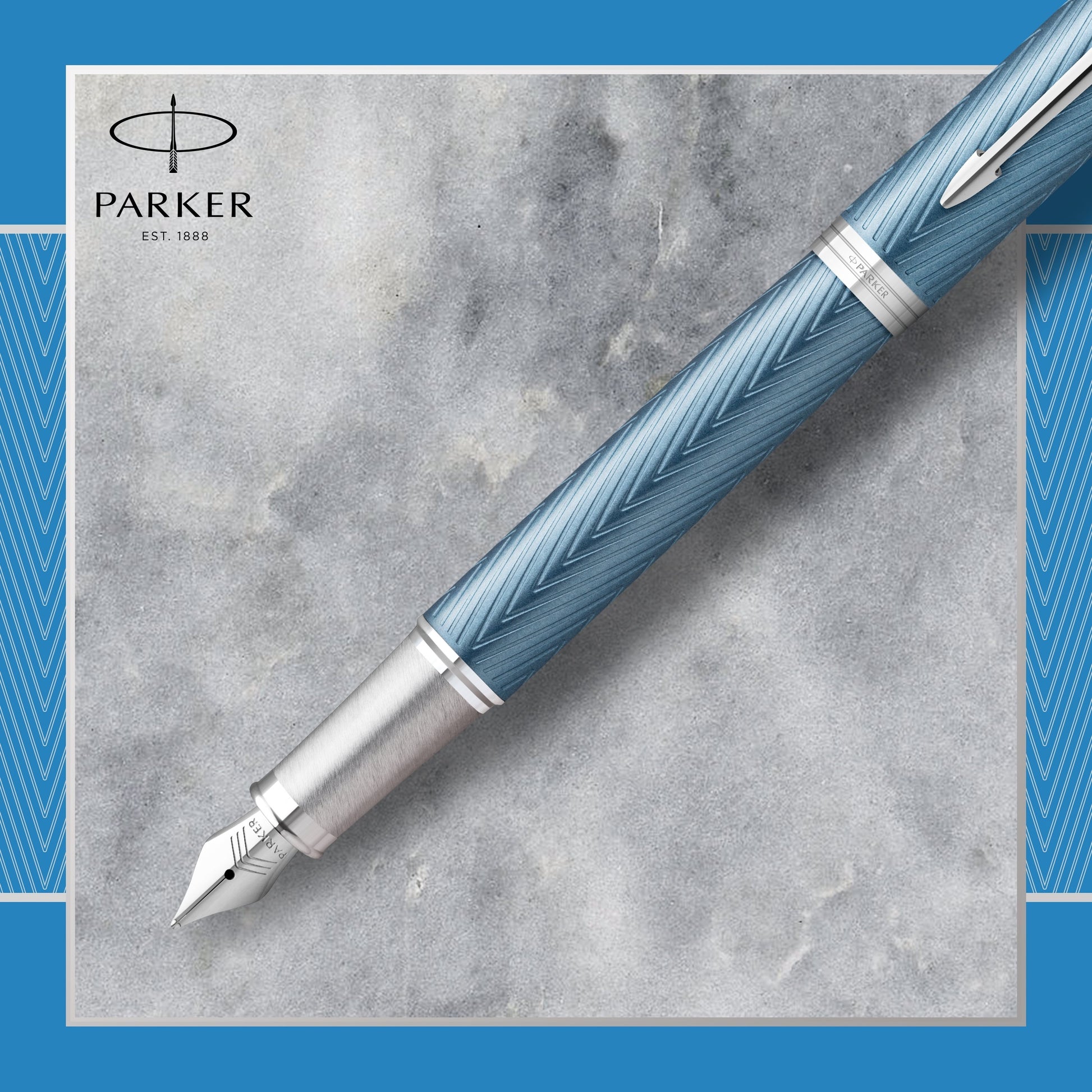Parker IM Premium Fountain Pen Blue Grey Lacquer and Chrome Trim Fine Nib