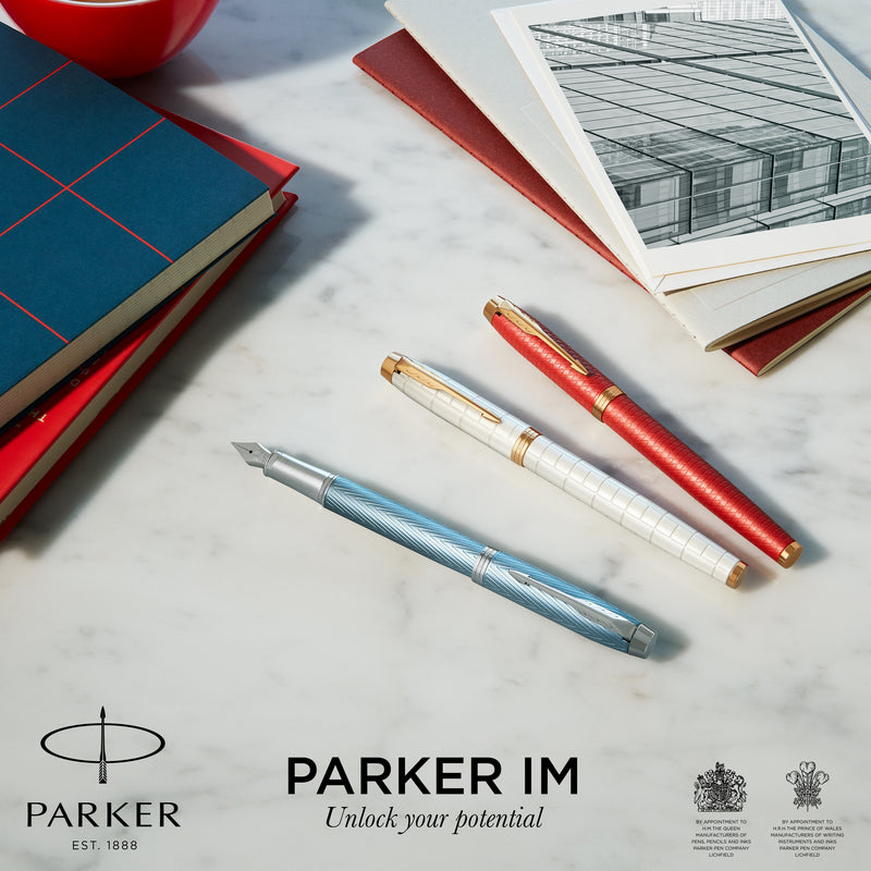 Parker IM Premium Fountain Pen Blue Grey Lacquer and Chrome Trim Fine Nib