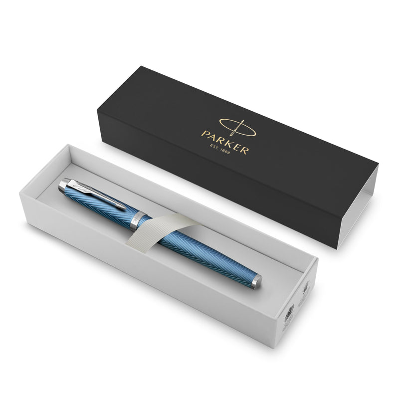 Parker IM Premium Fountain Pen Blue Grey Lacquer and Chrome Trim Fine Nib