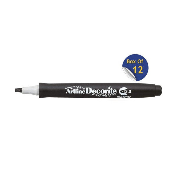 Artline Decorite 3.0mm Black marker, uncapped, with a Box Of 12 badge