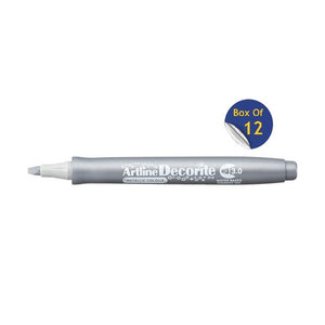 Artline Decorite 3.0mm Metallic Silver marker, uncapped, with a Box Of 12 badge