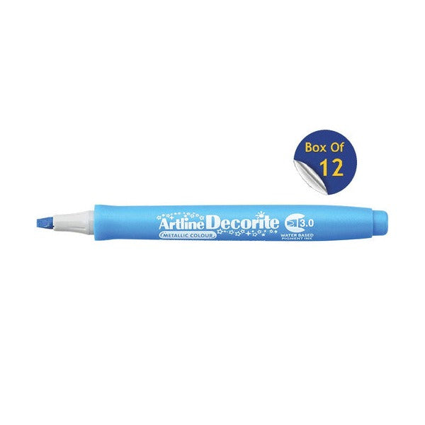 Artline Decorite 3.0mm Metallic Blue marker, uncapped, with a Box Of 12 badge