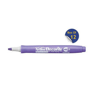 Artline Decorite 3.0mm Metallic Purple marker, uncapped, with a Box Of 12 badge
