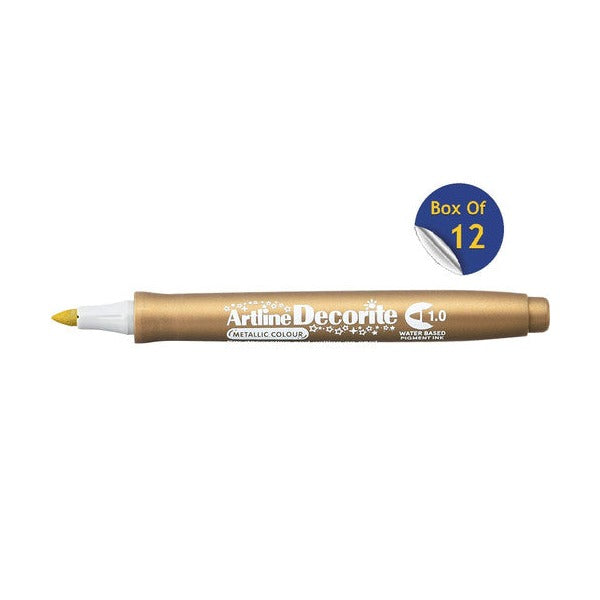 Artline Decorite 1.0mm Metallic Gold marker, uncapped, with a Box Of 12 badge