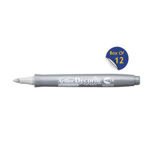 Artline Decorite 1.0mm Metallic Silver marker, uncapped, with a Box Of 12 badge