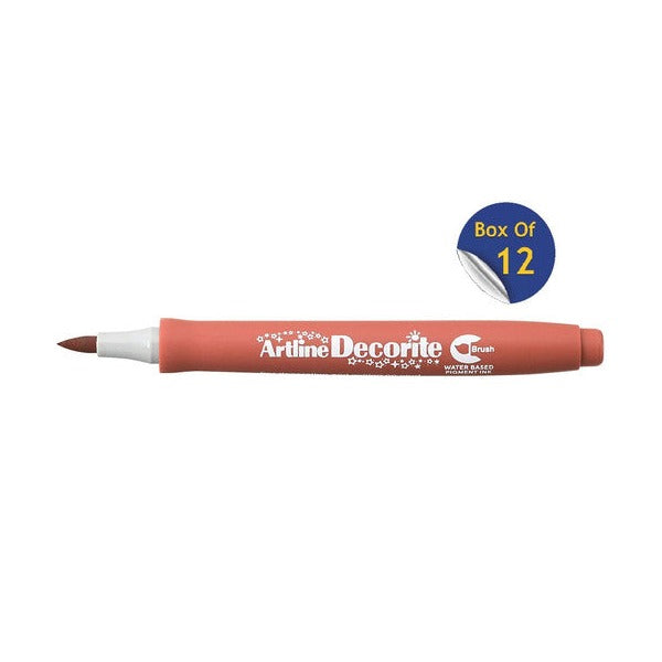 Artline Decorite Brush Brown marker, uncapped, with a Box Of 12 badge