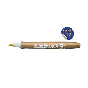 Artline Decorite Brush Gold marker, uncapped, with a Box Of 12 badge