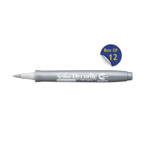 Artline Decorite Brush Metallic Silver marker, uncapped, with a Box Of 12 badge