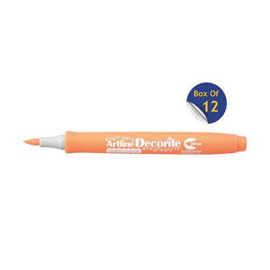 Artline Decorite Brush Pastel Orange marker, uncapped, with a Box Of 12 badge