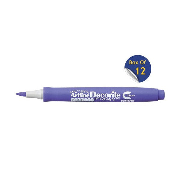 Artline Decorite Brush Pastel Purple marker, uncapped, with a Box Of 12 badge