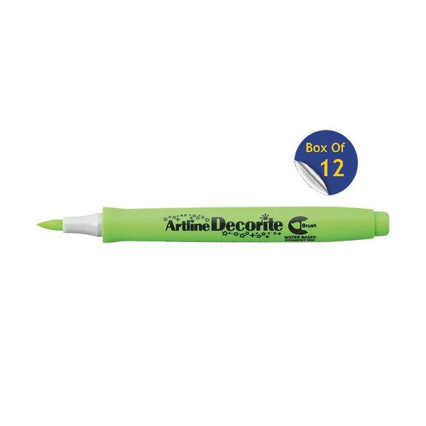 Artline Decorite Brush Yellow Green marker, uncapped, with a Box Of 12 badge
