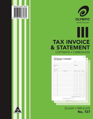Olympic Invoice and Statement Book 727 Carbonless Triplicate 50 Leaf 250 x 200mm