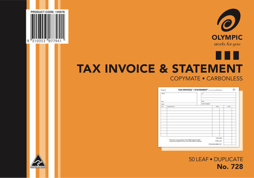 Olympic Invoice and Statement Book 728 Carbonless Duplicate 50 Leaf 210 x 148mm