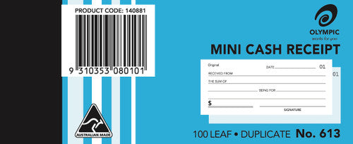 Olympic Mini Cash Receipt Book 613 Carbon Duplicate 100 Leaf 50 x 125mm