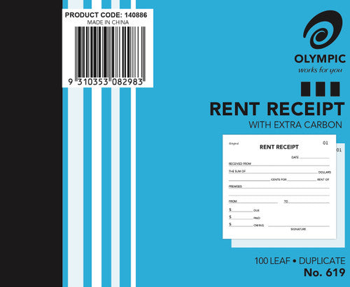 Olympic Rent Receipt Book 619 Carbon Duplicate 100 Leaf 100 x 125mm
