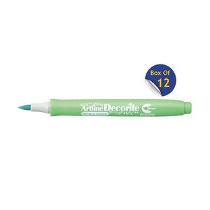 Artline Decorite Brush Metallic Green marker, uncapped, with a Box Of 12 badge