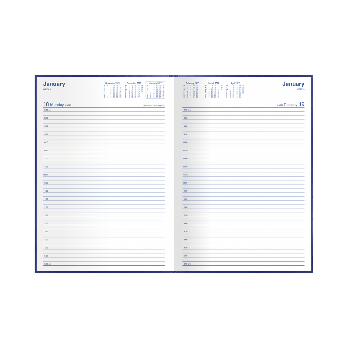Collins Kingsgrove 2027 A4 diary blue open showing day to a page layout
