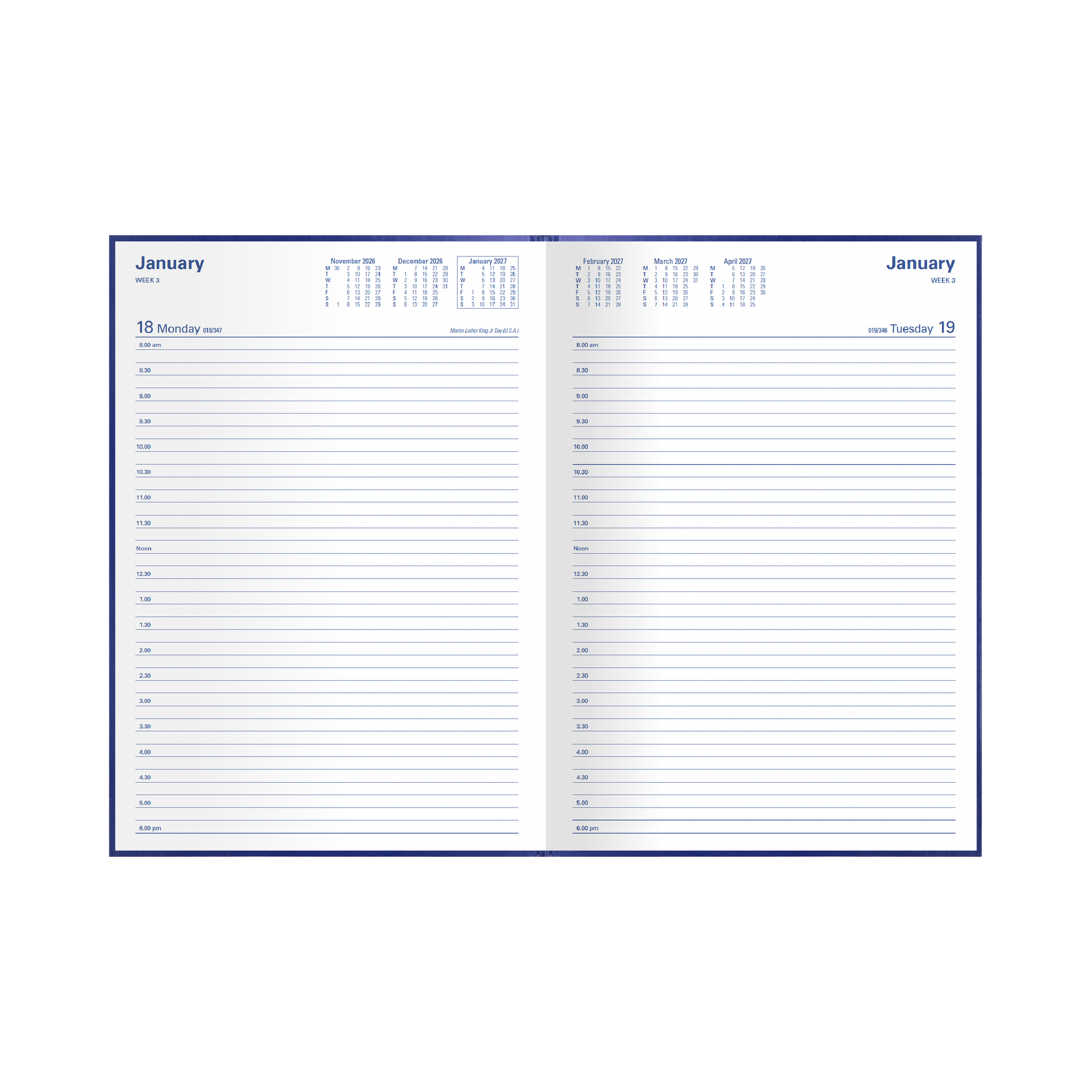 Collins Kingsgrove 2027 A4 diary blue open showing day to a page layout