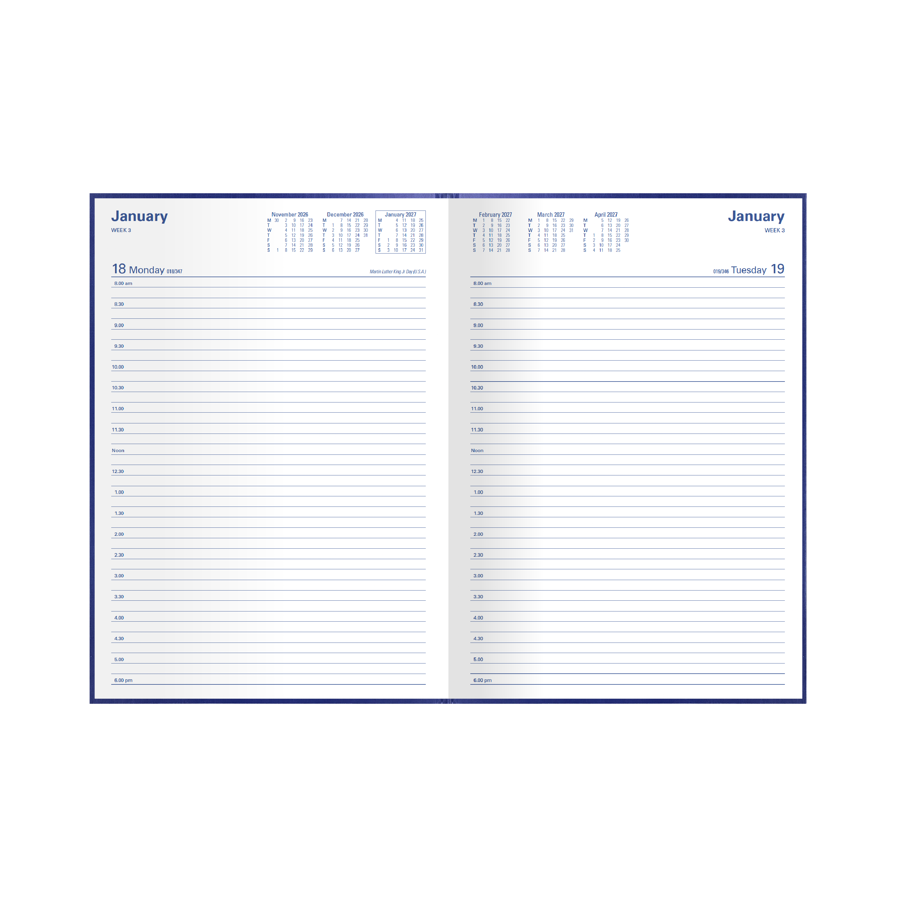 Collins Kingsgrove 2027 A4 diary blue open showing day to a page layout