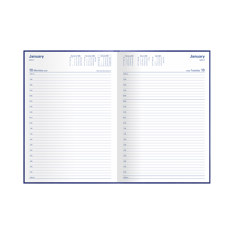 Collins Kingsgrove 2027 A4 diary blue open showing day to a page layout