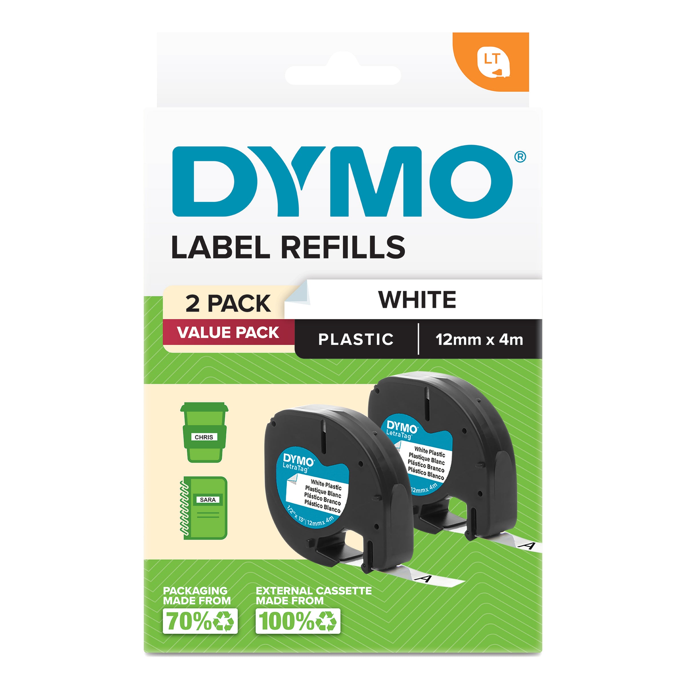 Dymo LetraTag Plastic Tape 12mm x 4M White 2-Pack - product image