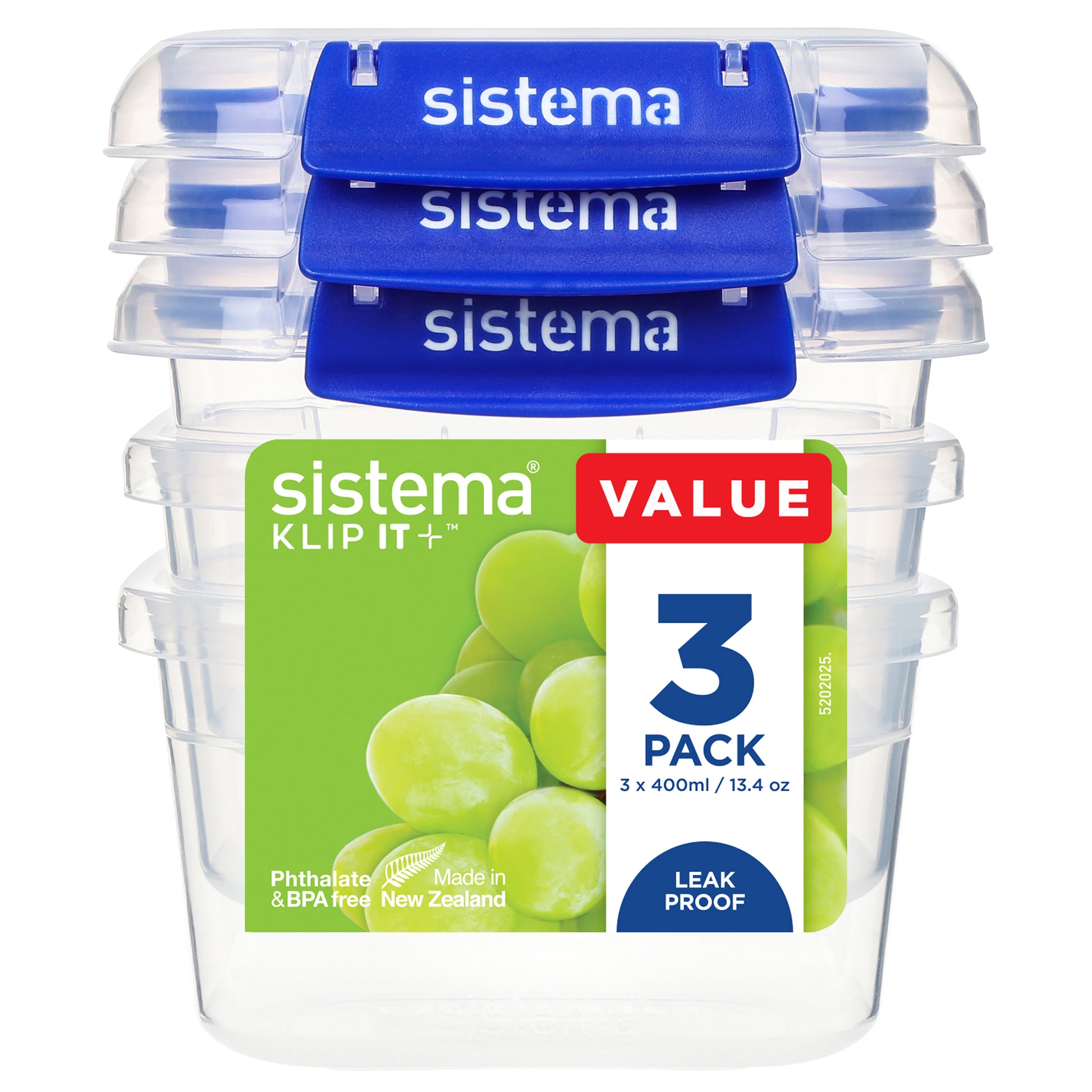 Sistema Klip It Plus 400ml rectangle food storage containers 3 pack, clear with blue clips