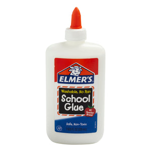Front of the Elmer's Washable No Run School Glue bottle with orange cap, AP seal and 7.625 fl oz (225mL) size