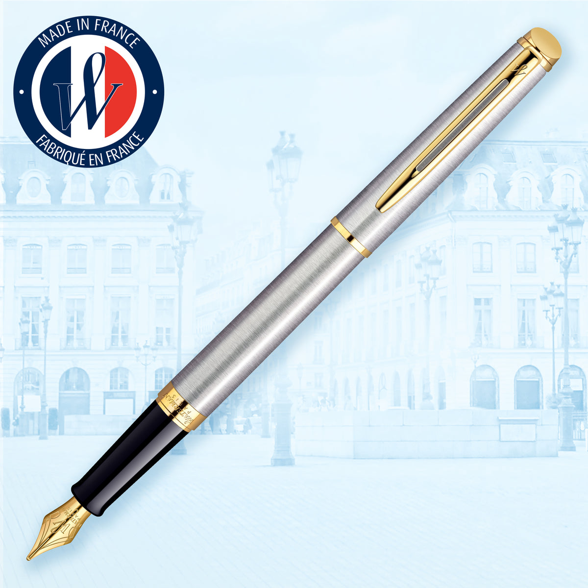 Waterman Hemisphere Stainless Steel Gold Trim Fountain Pen in Box