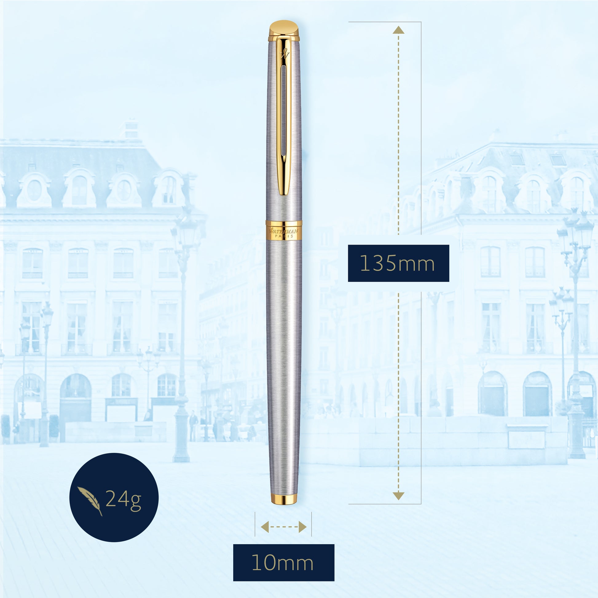 Waterman Hemisphere Stainless Steel Gold Trim Fountain Pen in Box