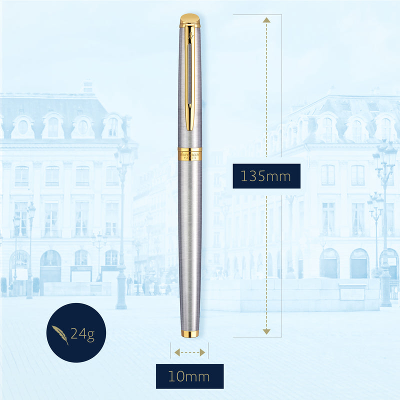 Waterman Hemisphere Stainless Steel Gold Trim Fountain Pen in Box