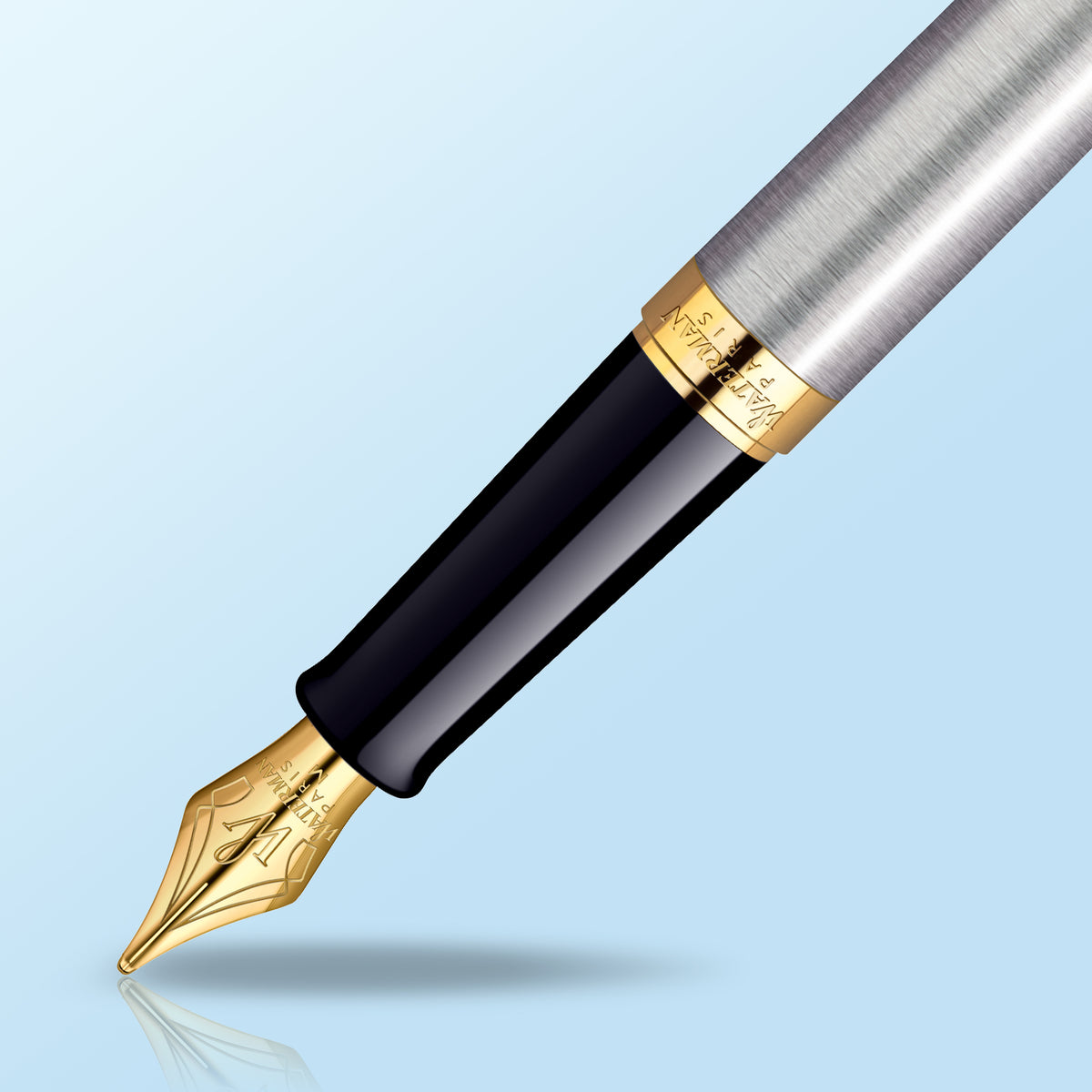 Waterman Hemisphere Stainless Steel Gold Trim Fountain Pen in Box