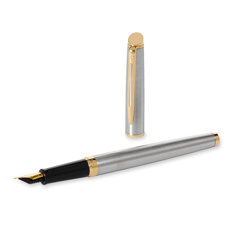 Waterman Hemisphere Stainless Steel Gold Trim Fountain Pen in Box