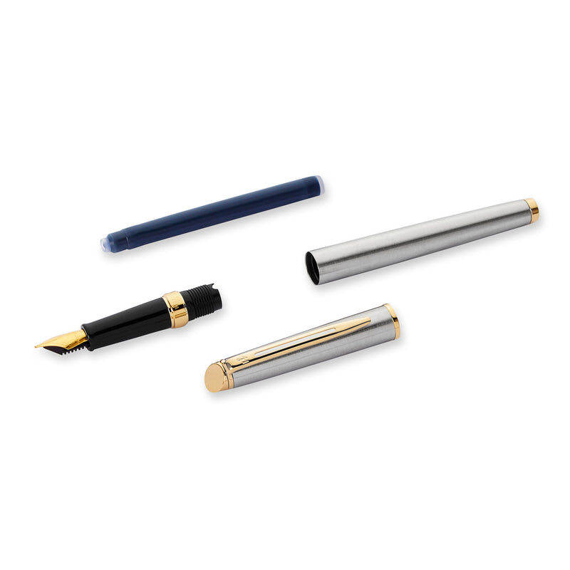Waterman Hemisphere Stainless Steel Gold Trim Fountain Pen in Box