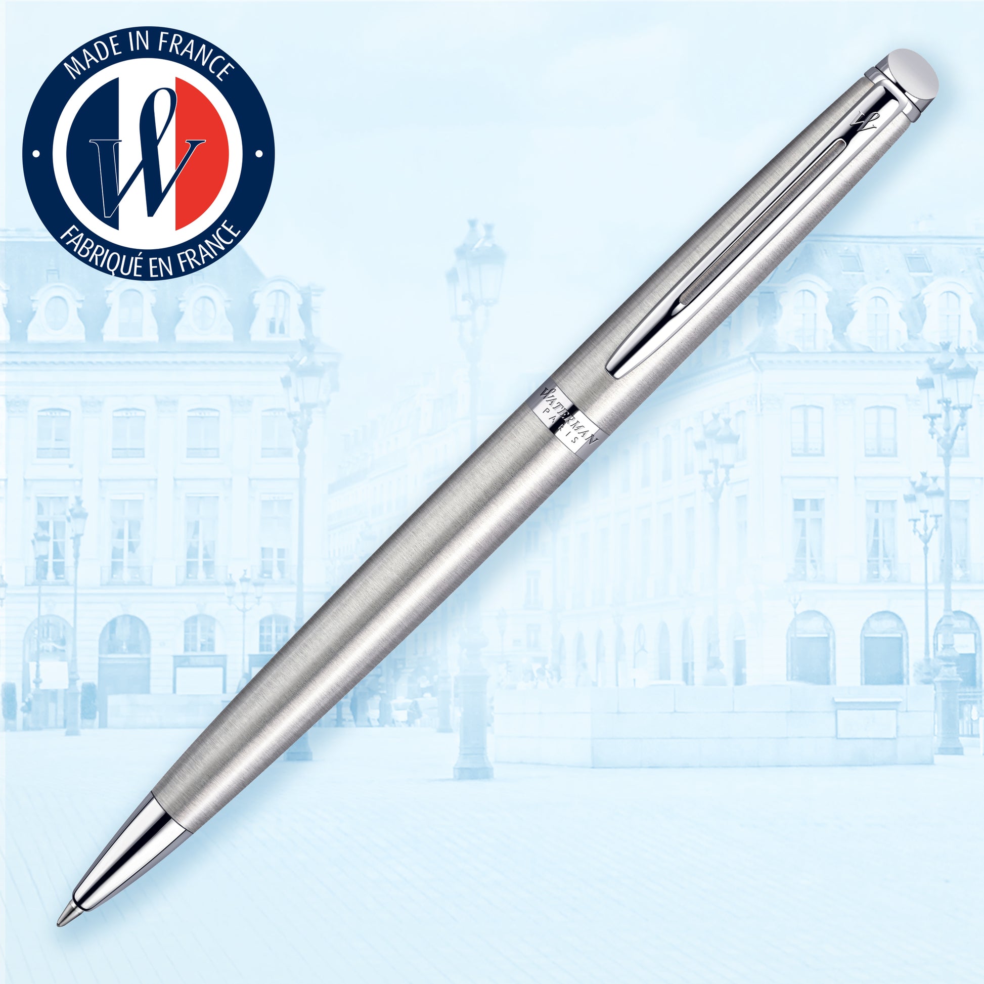 Waterman Hemisphere Stainless Steel Chrome Trim Ballpoint Pen in Box