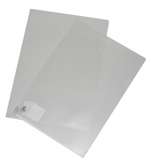 Two Colby 150A A4 letter files in clear, open at the top and right side with a thumb cut-out, shown overlapping on a white background