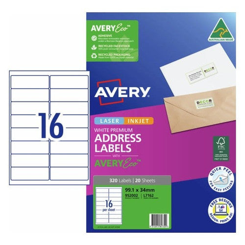 AveryEco Quick Peel Address Labels with Sure Feed L7162 320 Pack 99.1 x 34mm Laser White 16UP