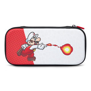 Closed PowerA Fireball Mario Slim Case, front view of the red and white lid with Mario throwing a fireball and a red zip pull