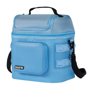 Coleman Pro 24 Can Soft Cooler Bag Sky Blue, studio three quarter view of the sky blue soft cooler with front pocket, carry handle and shoulder strap