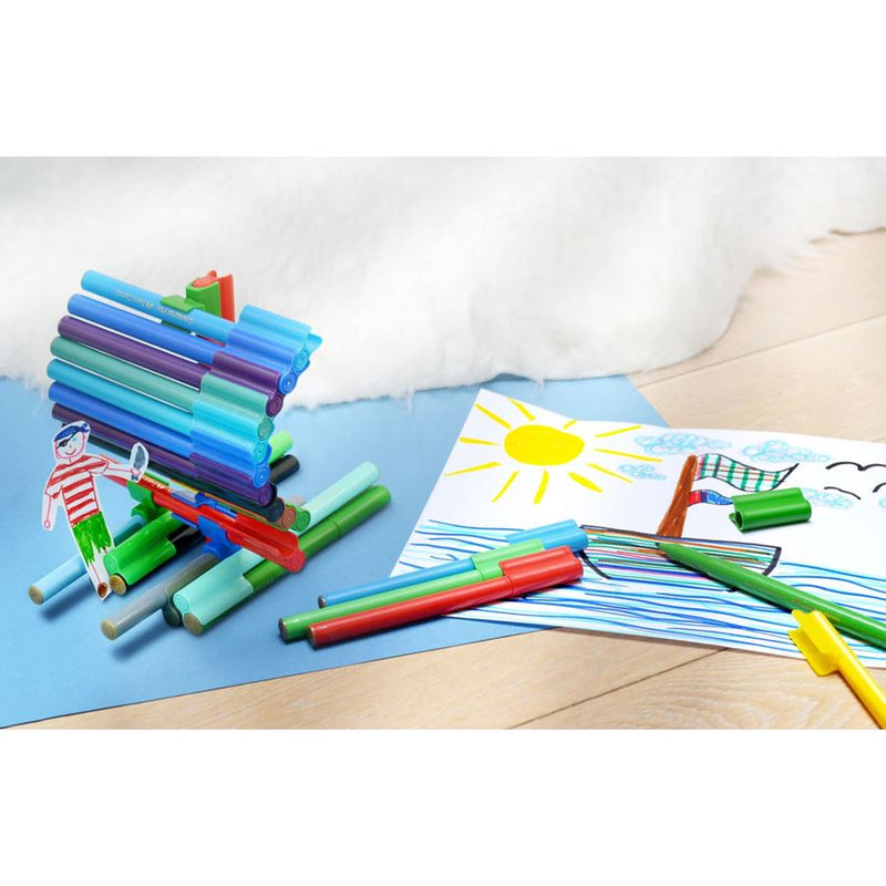 Faber-Castell Connector felt tip pens clipped together into a stacked structure beside a child's drawing of a sun, sea and boat