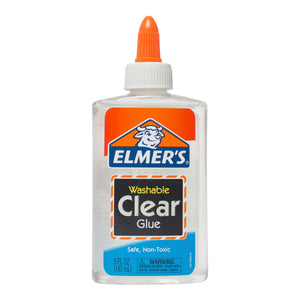 Front of the Elmer's Washable Clear Glue bottle with orange cap, blue label band and 5 fl oz (147mL) size