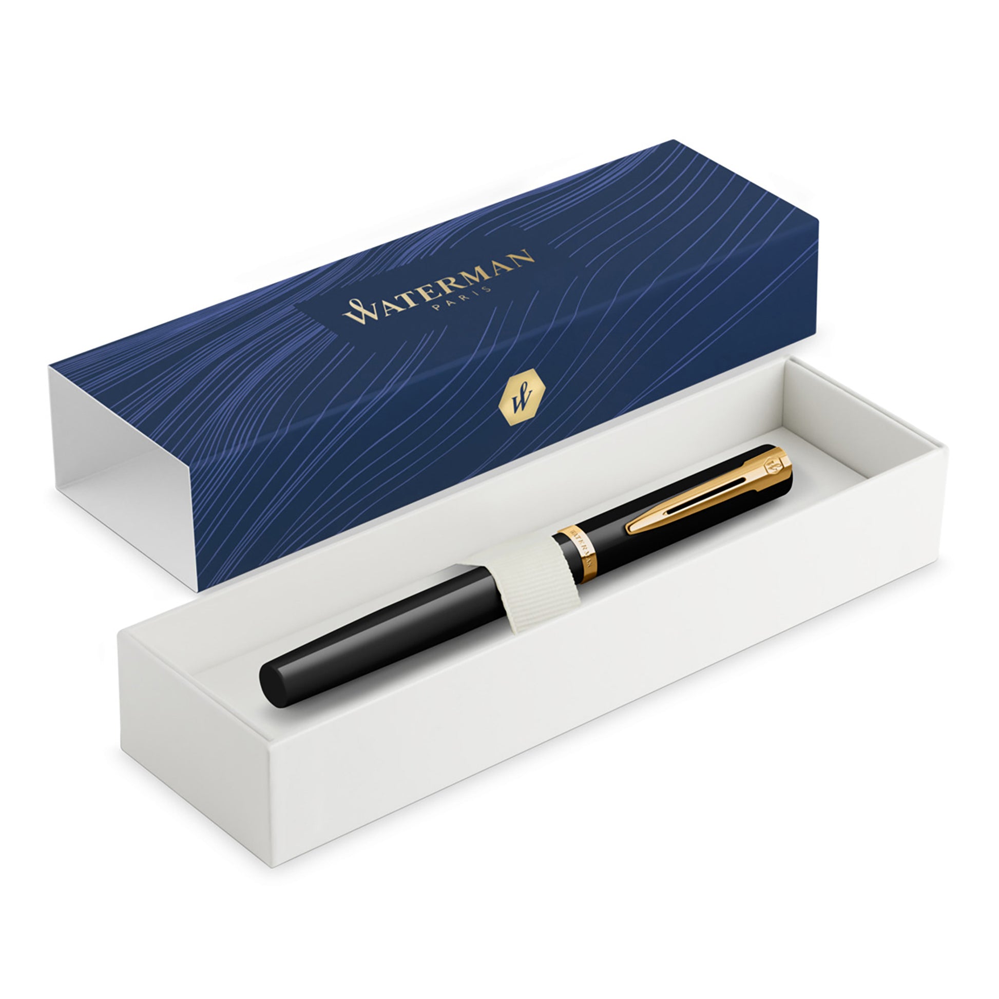 Waterman Impression Fountain Pen Black with Gold Trim Medium Nib Blue Ink Gift Box